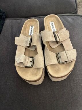 Steve Madden Tan Suede Double-Buckle Platform Mules